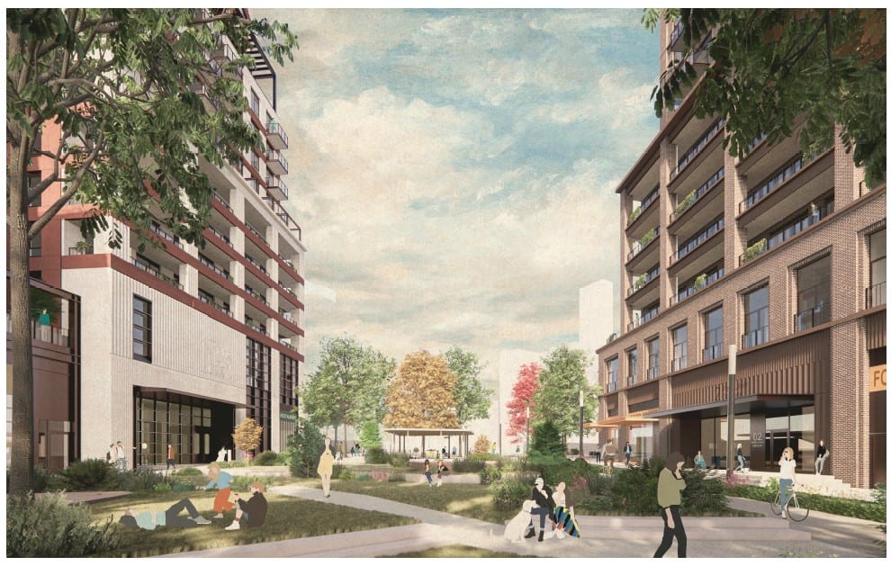 Rendering of Station Square + Park Lawn Gardens exterior streetscape