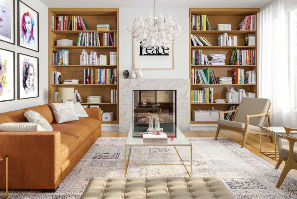 Rendering of Terra Barrie suite interior living room with bookshelves