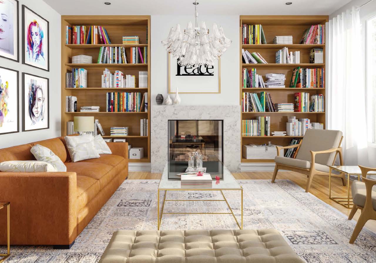 Rendering of Terra Barrie suite interior living room with bookshelves