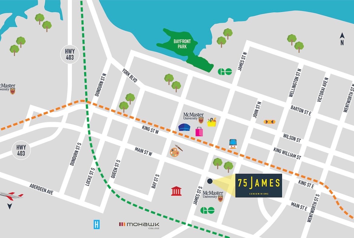 Map of 75 James Condos in Hamilton