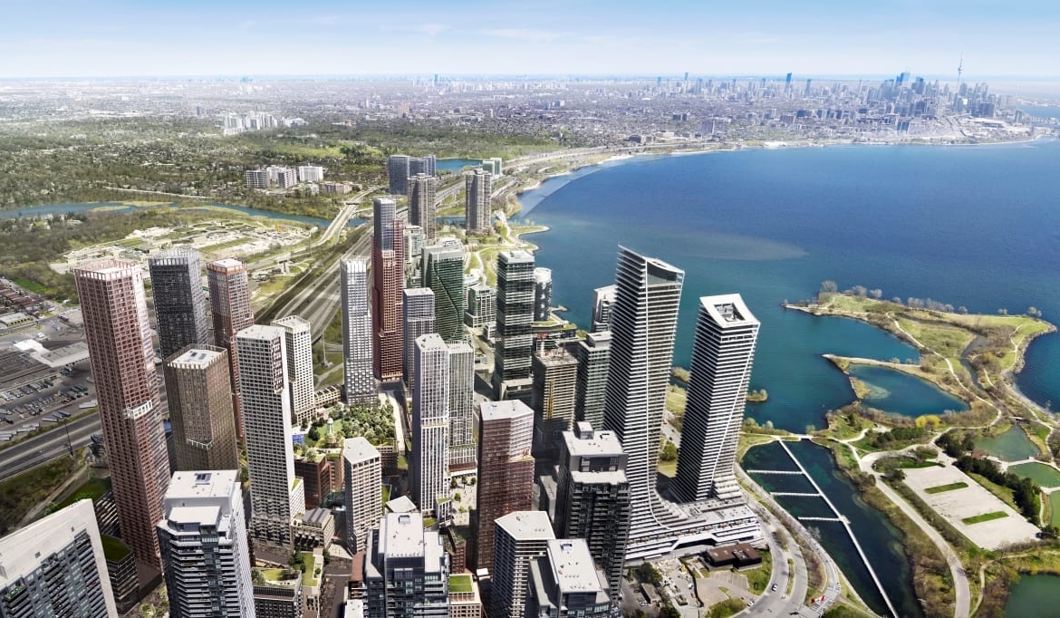 Rendering of 2150 Lake Shore Condos aerial with waterfront