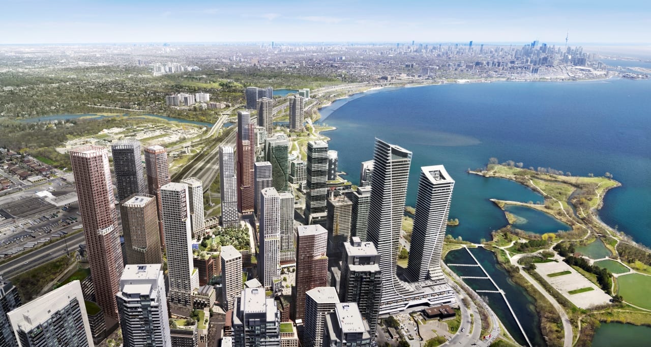 Rendering of 2150 Lake Shore Condos aerial with waterfront