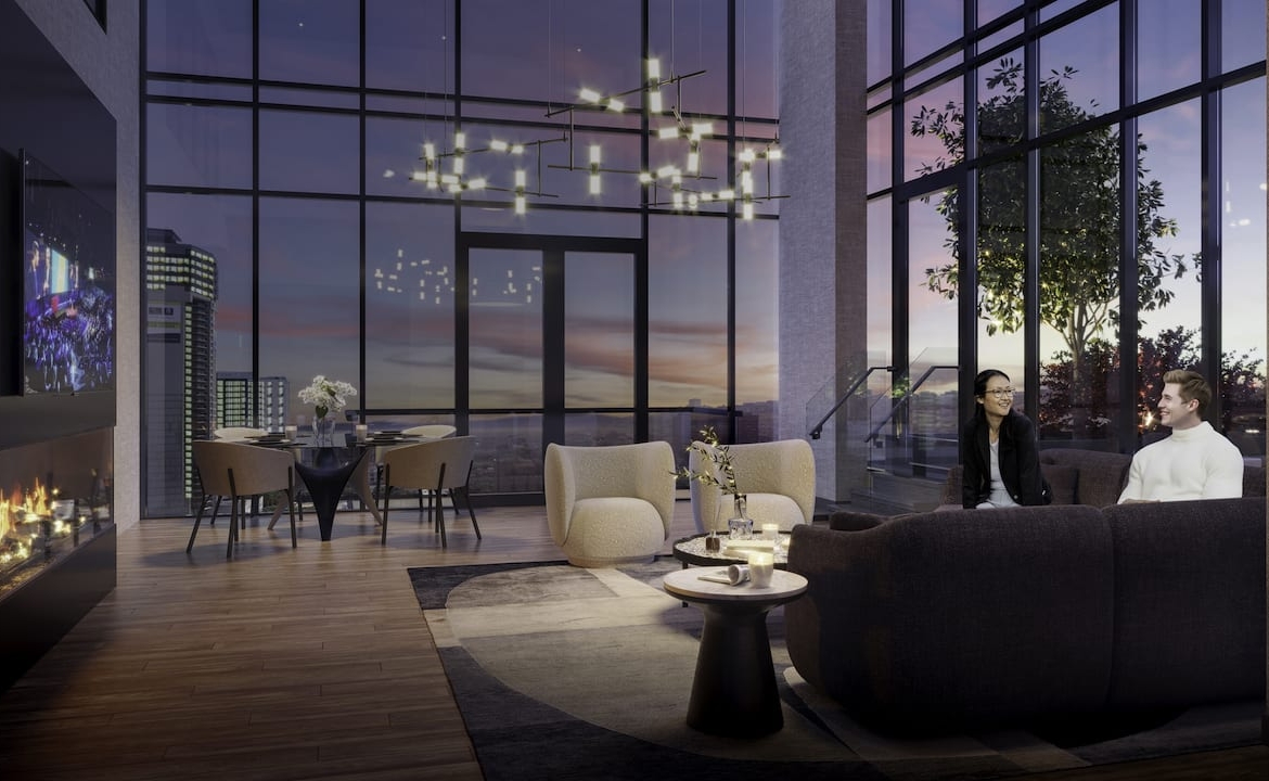 Rendering of 75 James condos interior event lounge at night