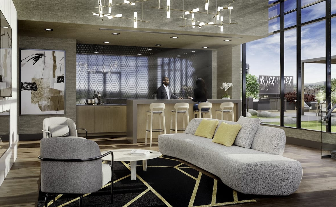 Rendering of 75 James condos interior event lounge with bar