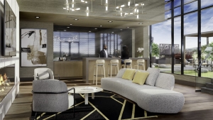 Rendering of 75 James condos interior event lounge with bar