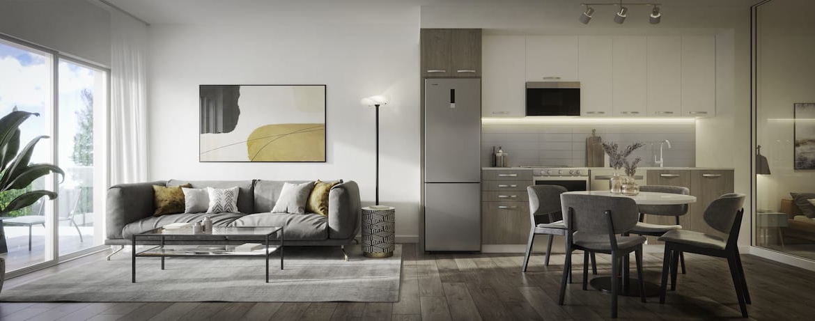 Rendering of 75 James condos suite interior kitchen and living room