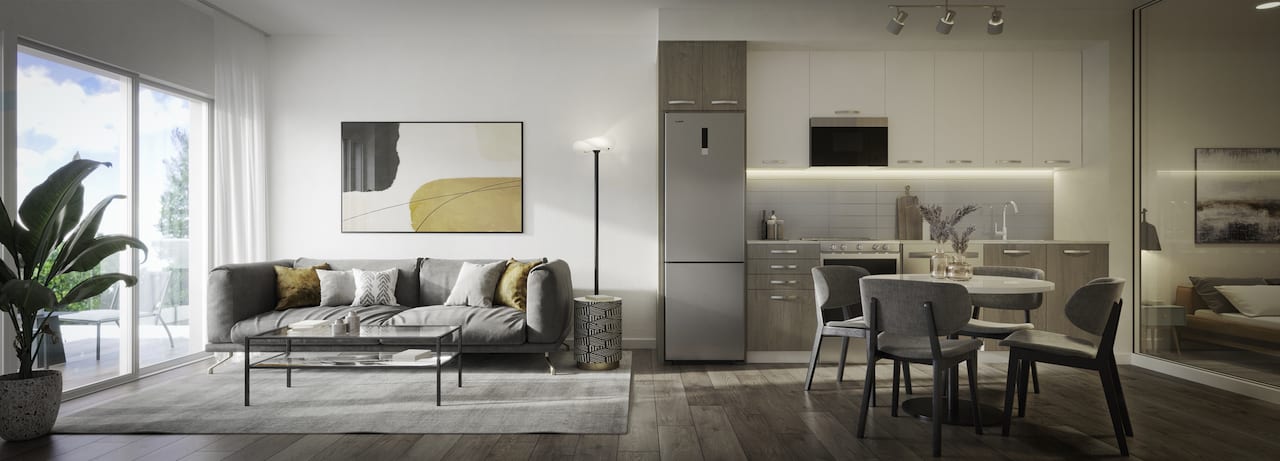 Rendering of 75 James condos suite interior kitchen and living room