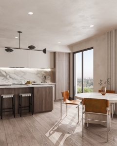 Rendering of Craft Residences suite interior kitchen and dining open-concept