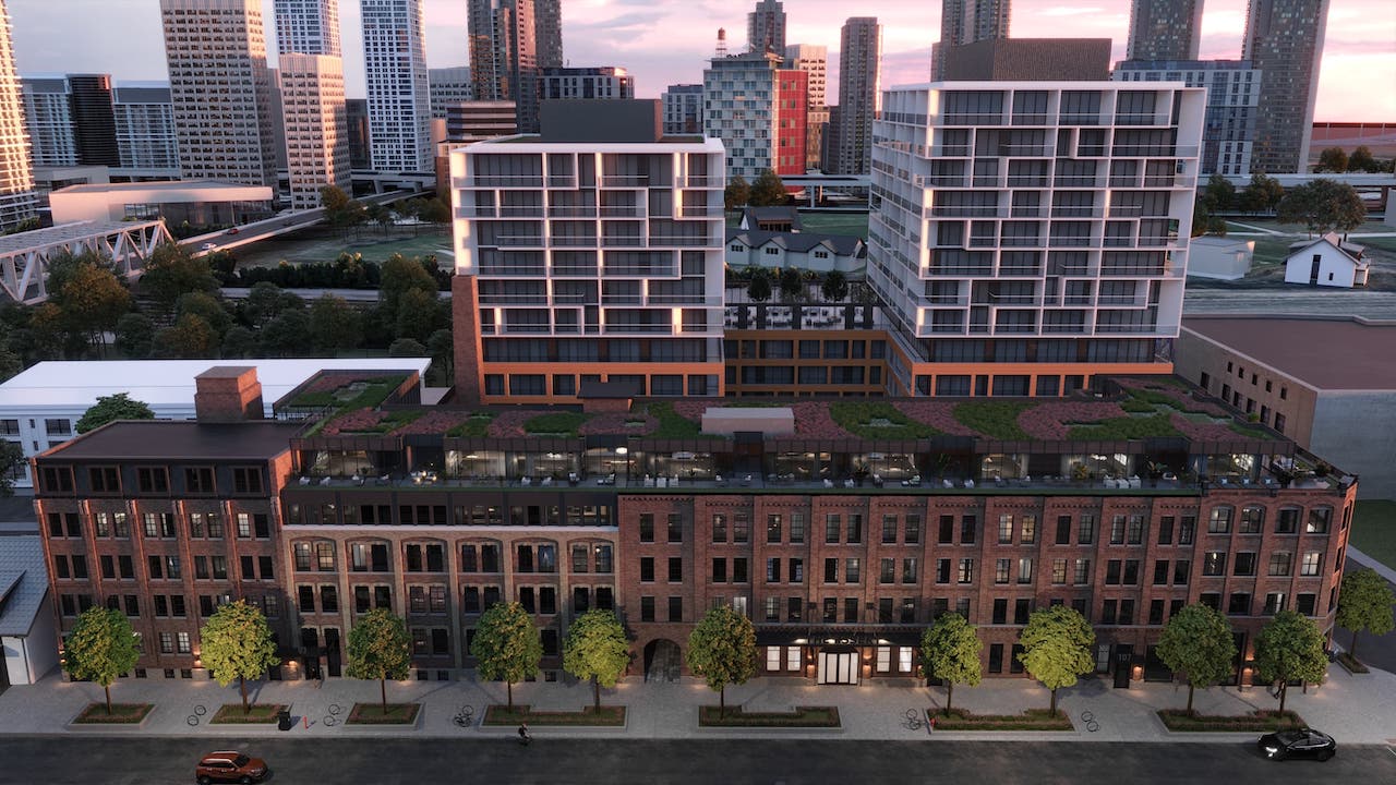 Rendering of The Essery Condos exterior side view aerial