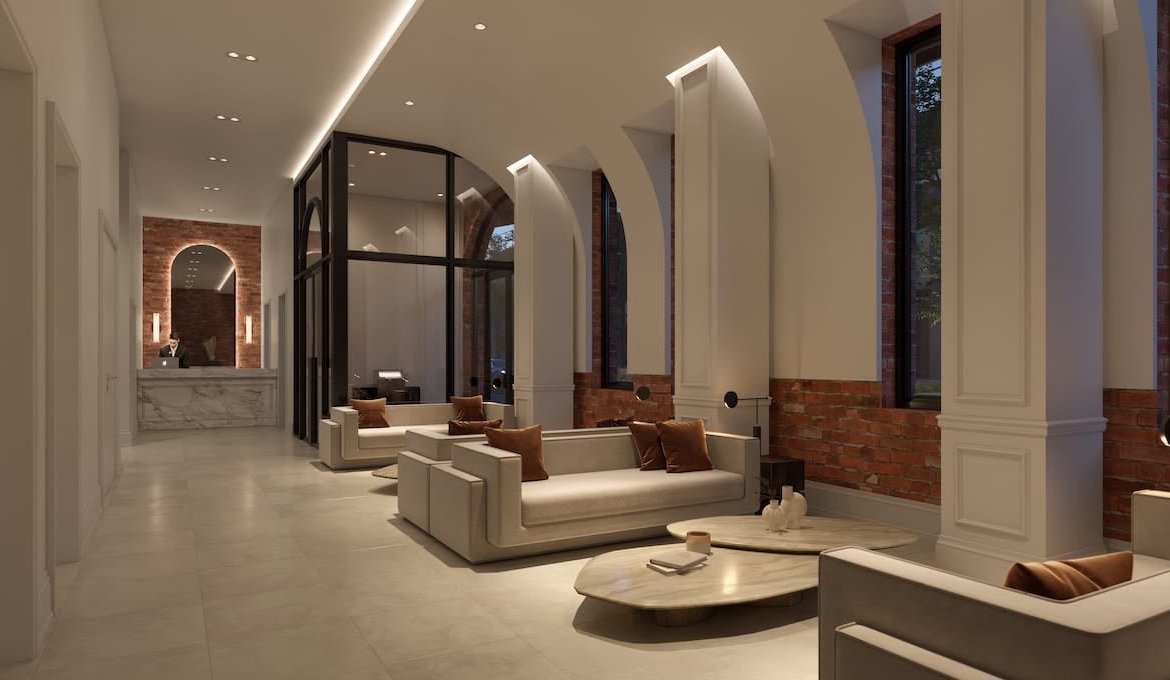 Rendering of The Essery Condos interior lobby lounge
