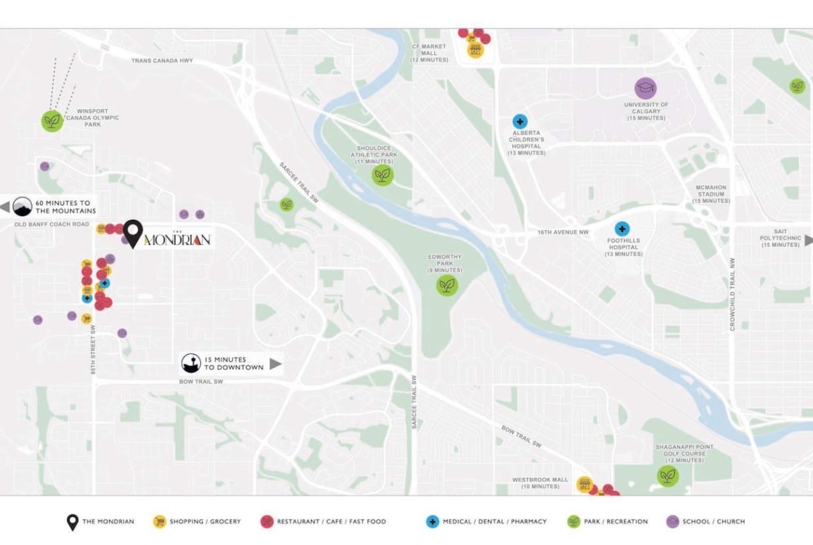 Map of local amenities at The Mondrian Condos in Calgary Alberta