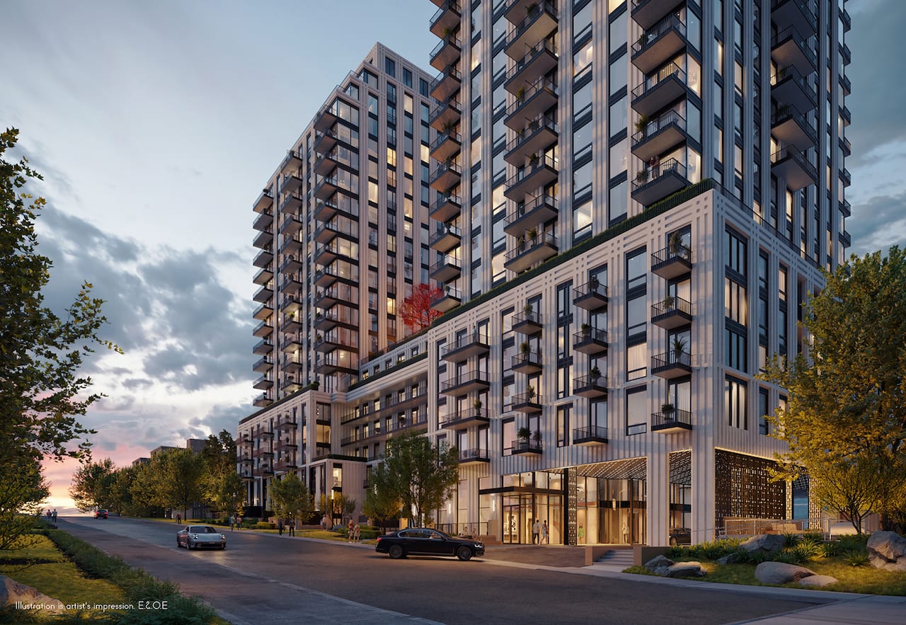 Rendering of South Forest Hill Residences exterior side view at night