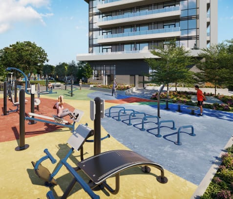 Rendering of Highmark Condos outdoor gym and fitness centre