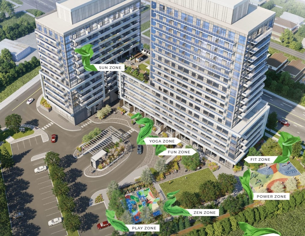 Rendering of Highmark Condos aerial with labelled zones