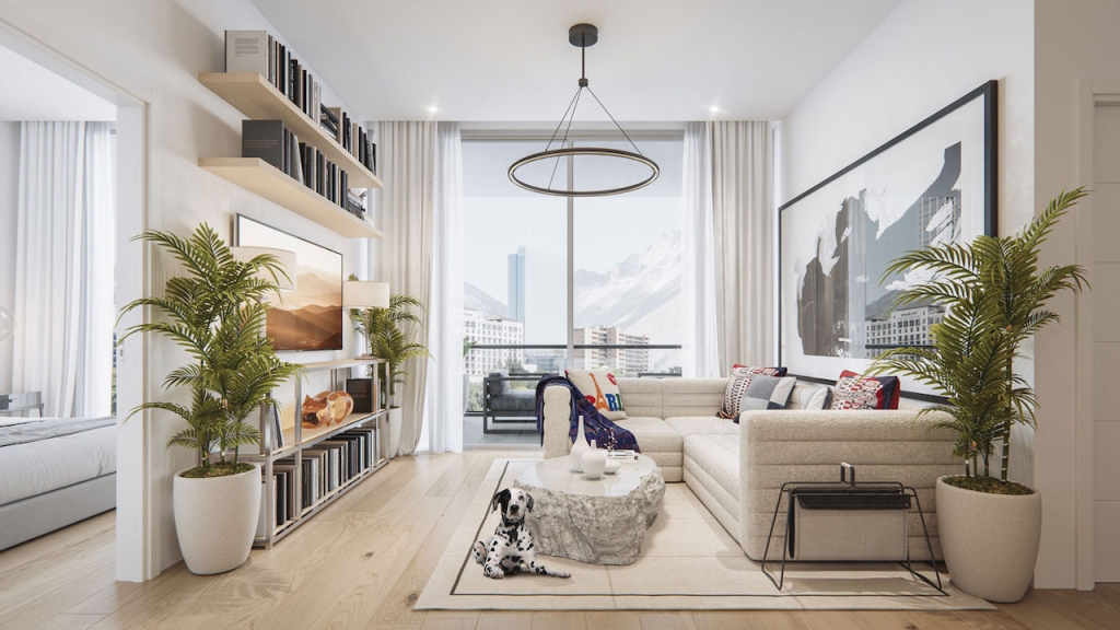 Rendering of The Mondrian Condos suite interior light living room