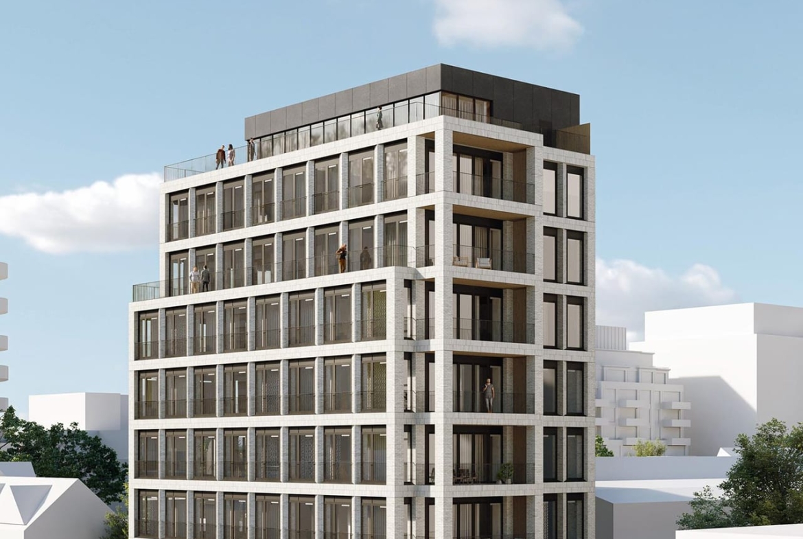 Rendering of The Webley Condos exterior angled side view