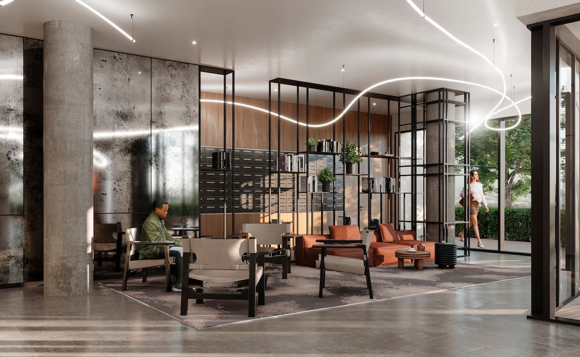 Rendering of 316 Junction Condos lobby with seating
