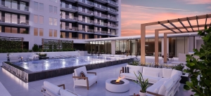 Rendering of Porta Condos terrace with swimming pool in the evening