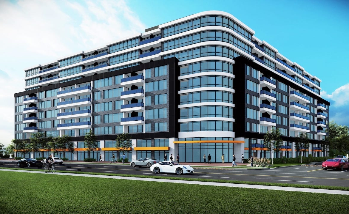 Rendering of Springbank Lux Condos exterior gold canopy A