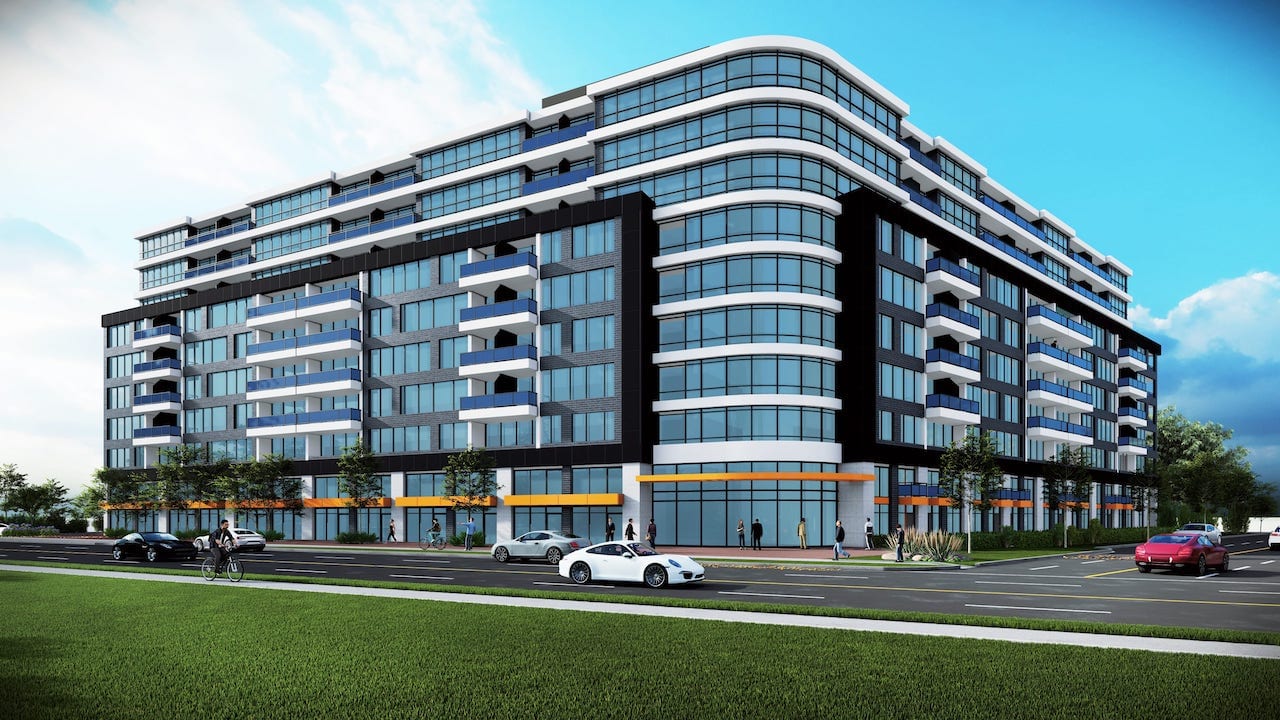 Rendering of Springbank Lux Condos exterior gold canopy A