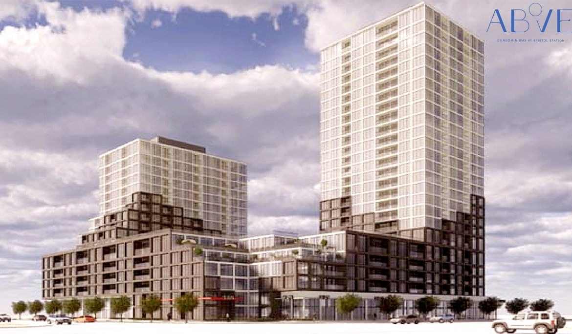 Exterior rendering of ABOVE Condos with logo overlay