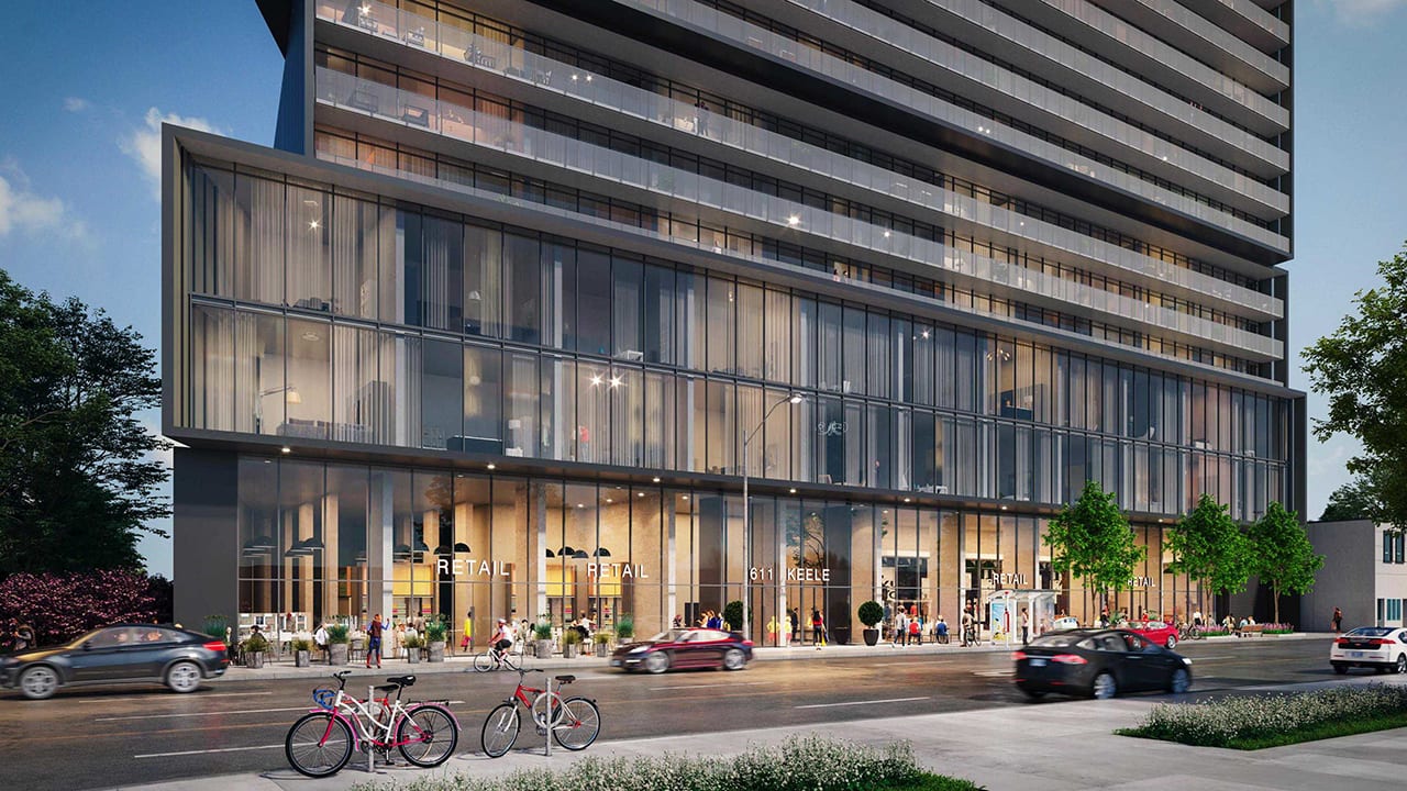 Exterior rendering of 611 Keele Condos streetscape