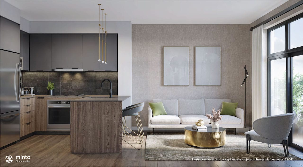 Rendering of North Oak Tower 3 Condos interior suite kitchen and living room