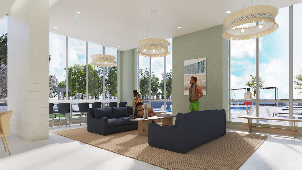 Rendering of Thompson Towers lounge view of the pool