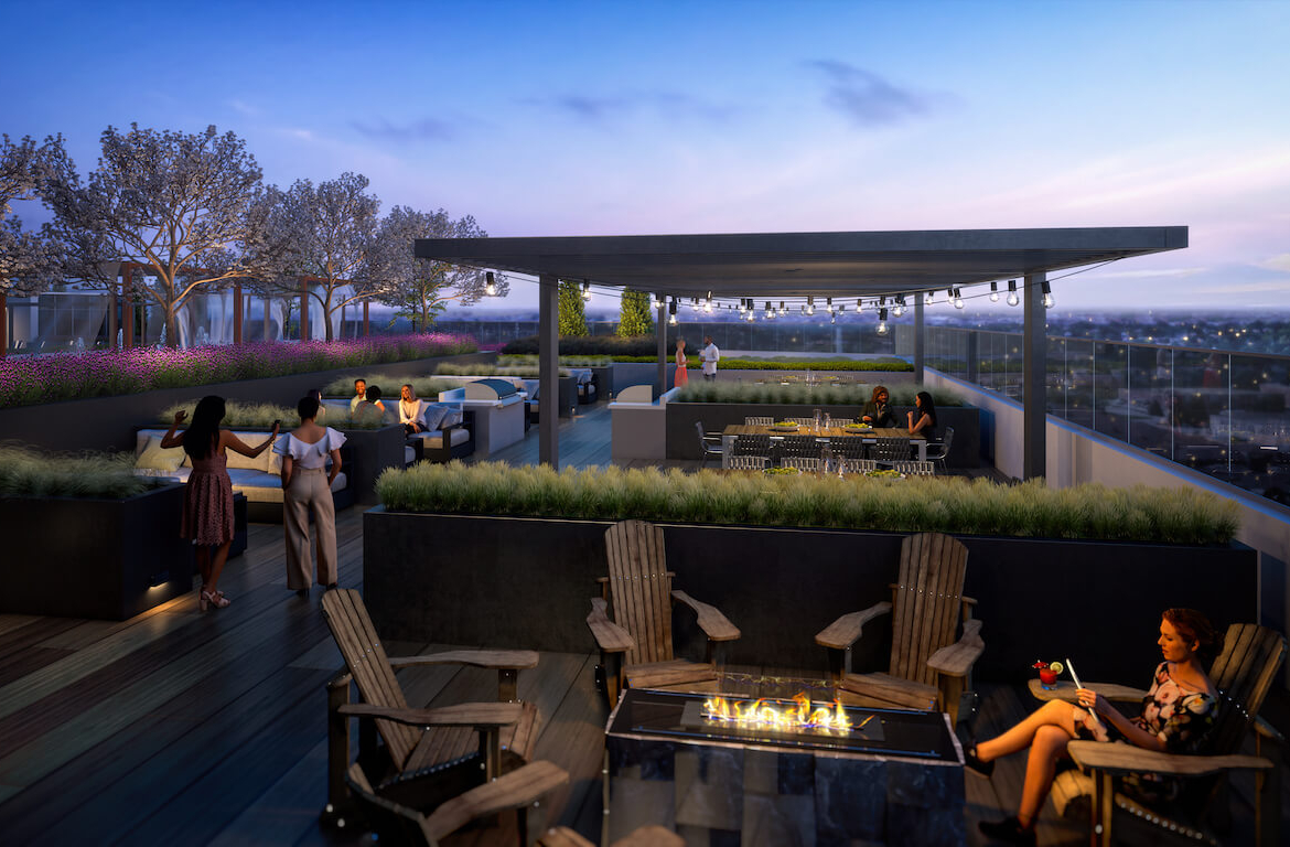Rendering of Thompson Towers terrace at night
