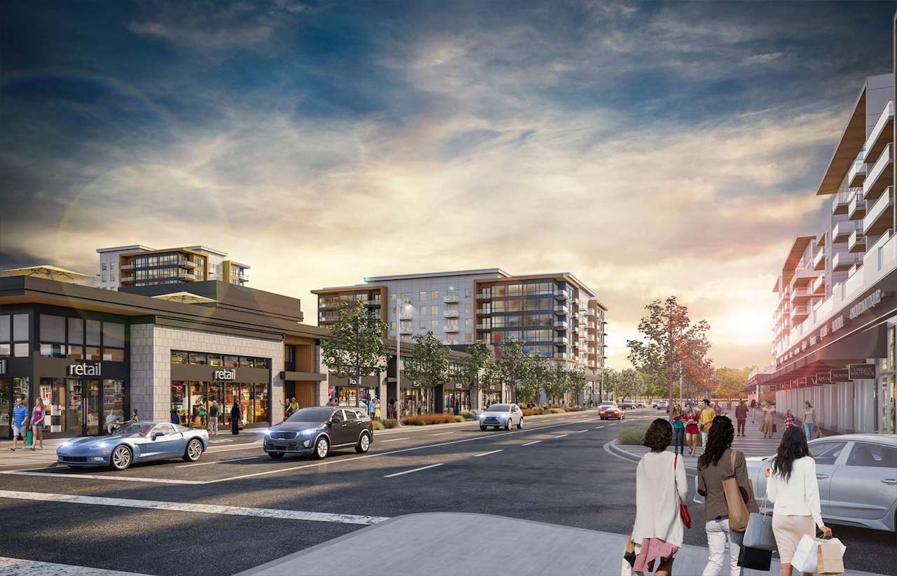 Exterior rendering of Oak & Olive Condos with streetscape