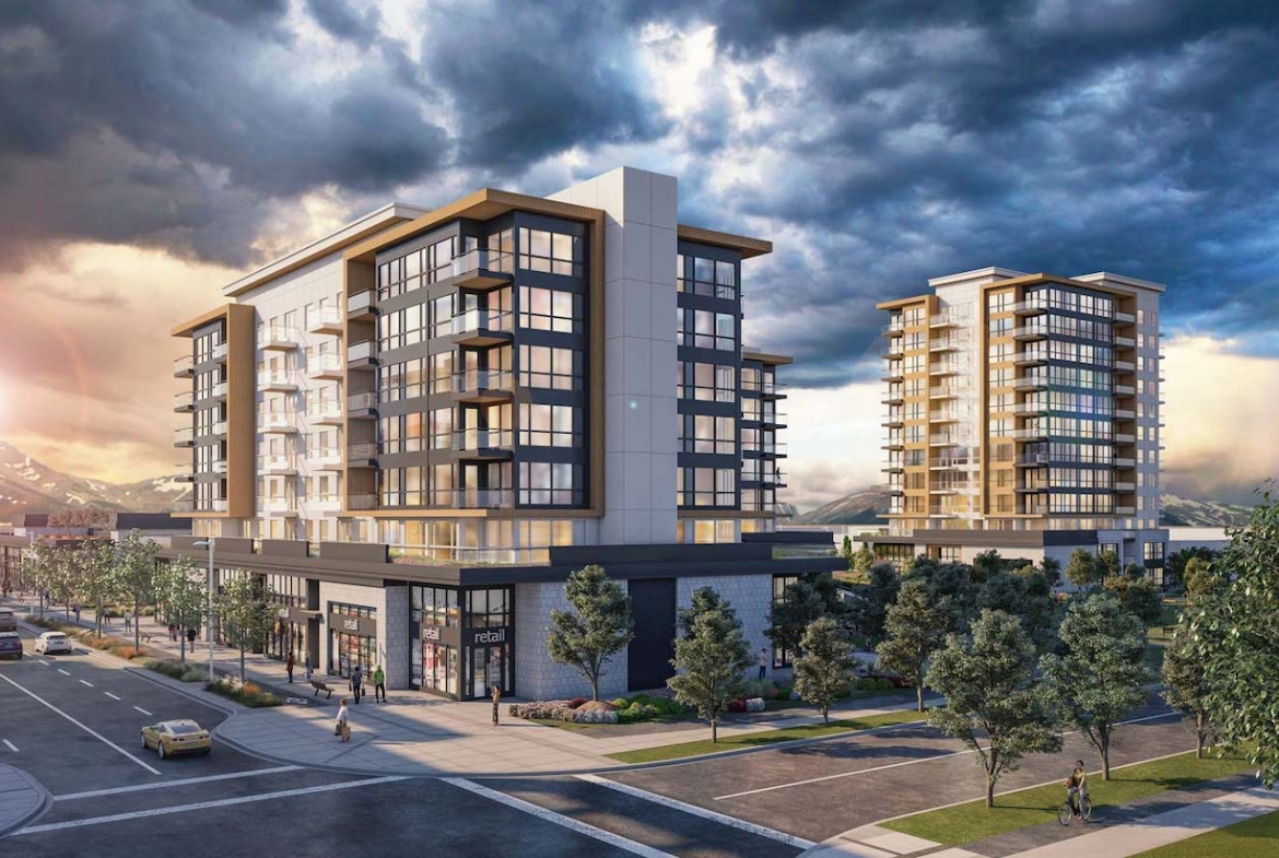 Exterior rendering of Oak & Olive Condos aerial side view