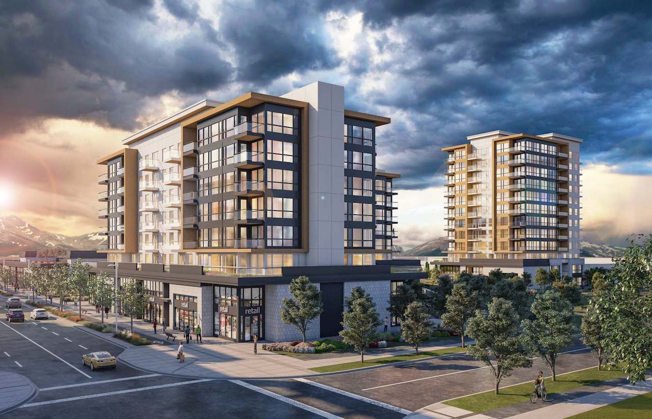 Exterior rendering of Oak & Olive Condos aerial side view