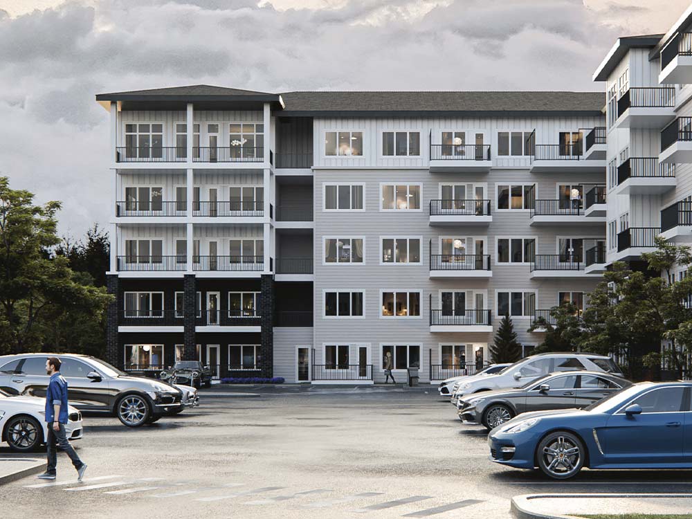 Exterior rendering of The Arthur Condos with outdoor parking