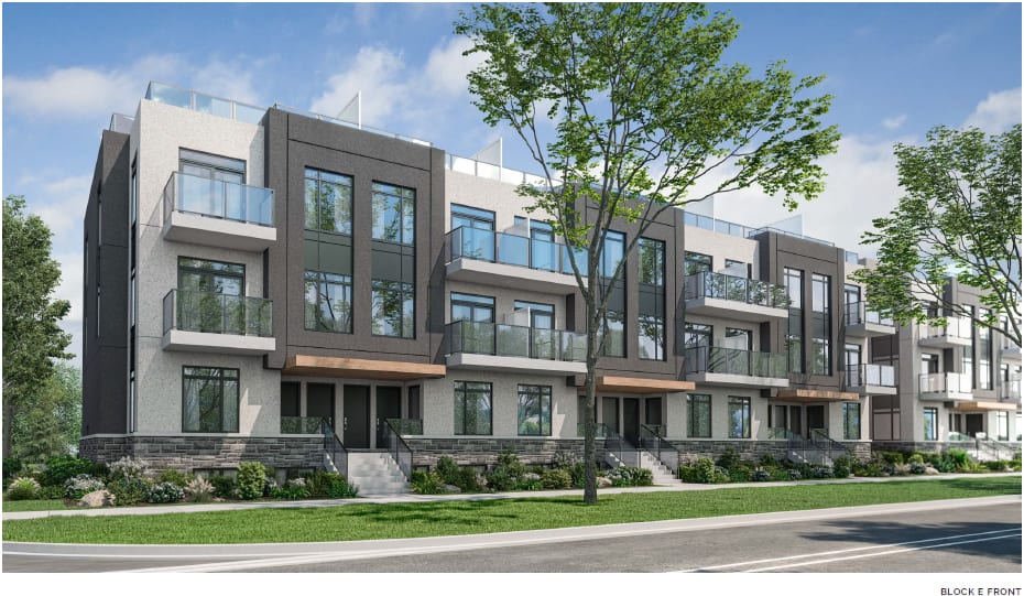 Rendering of The Gates of Thornhill Townhomes exterior block E front view
