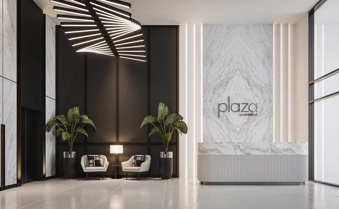 Rendering Plaza West District Condos lobby with concierge
