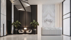 Rendering Plaza West District Condos lobby with concierge