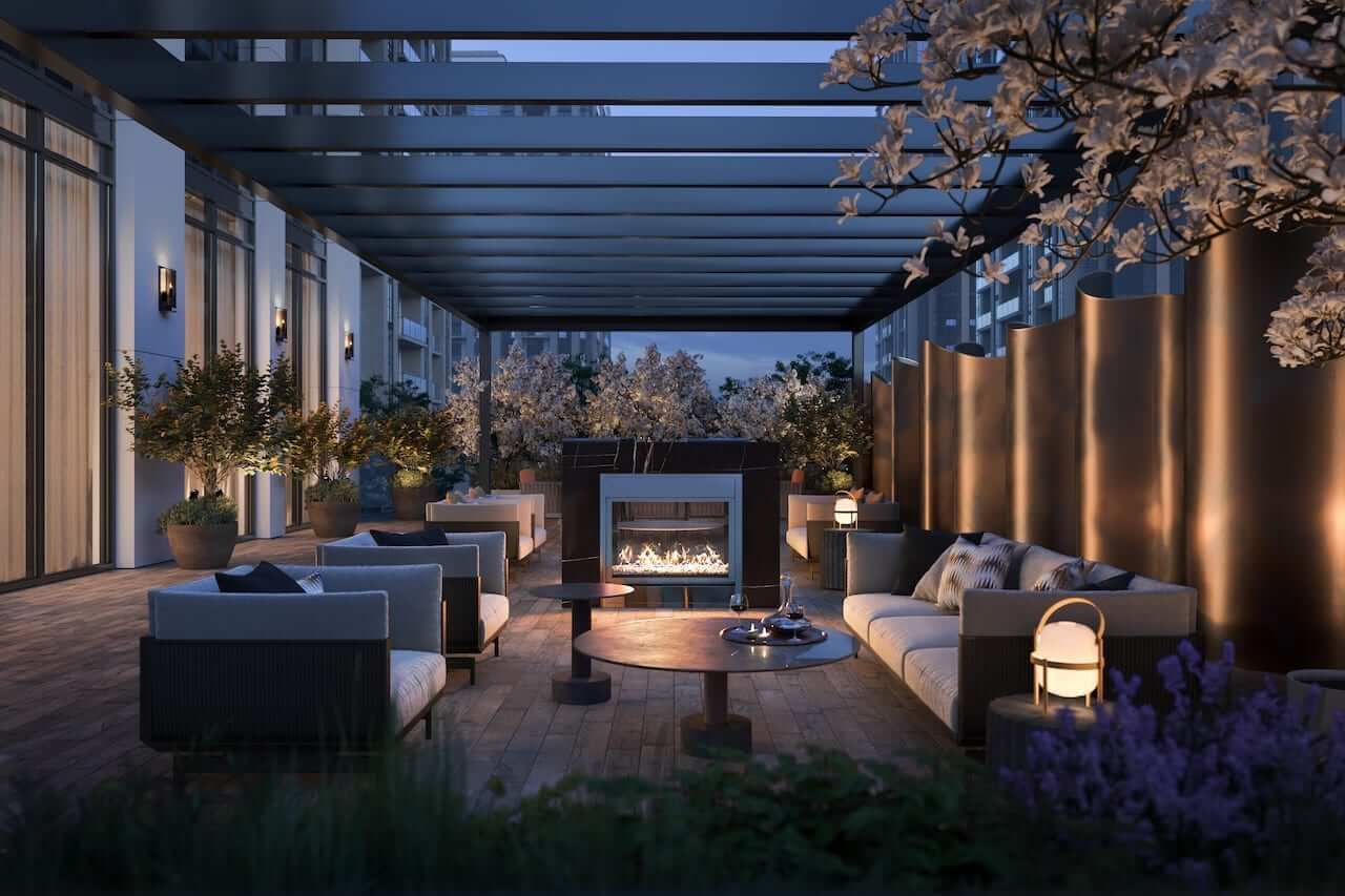 Rendering of Olive Residences outdoor terrace at night