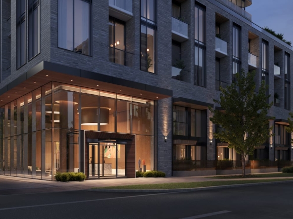 Rendering of Olive Residences exterior streetsccape at night