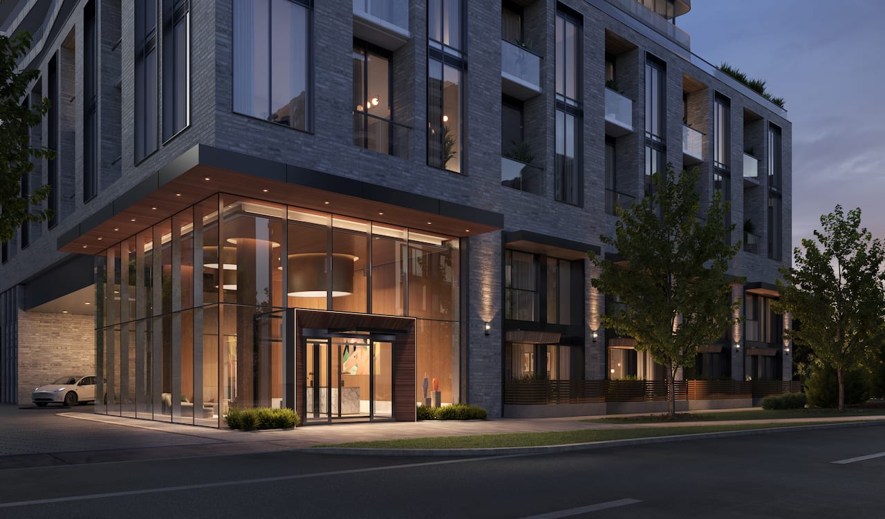 Rendering of Olive Residences exterior streetsccape at night