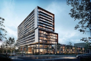 Rendering of Birch condos at Lakeview Village at dusk