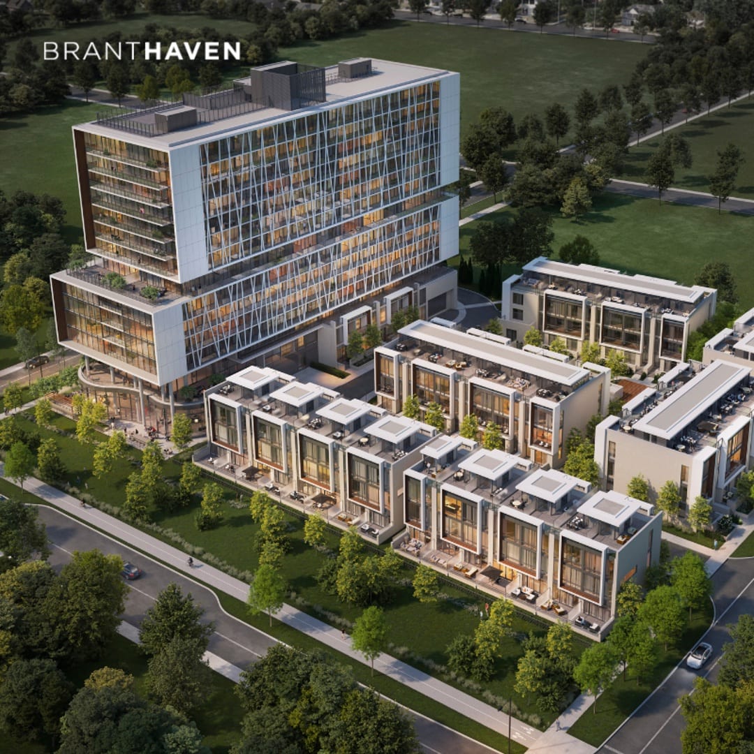 Aerial rendering of Birch Condos and Towns at Lakeview Village