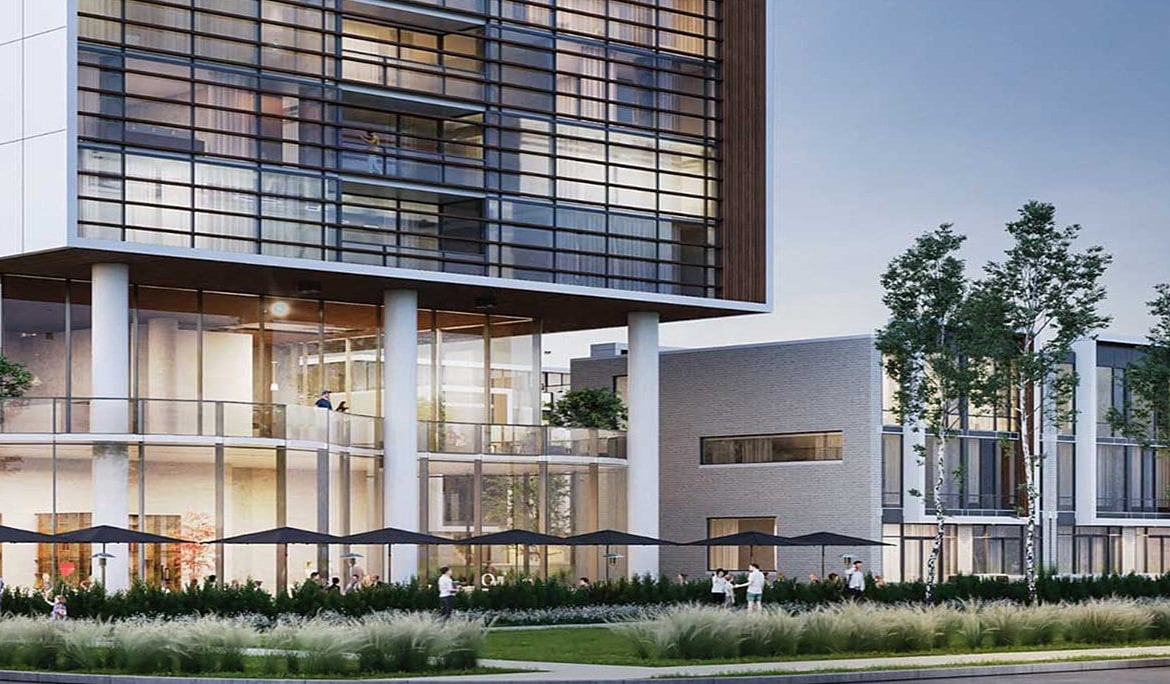 Exterior close-up rendering of Birch Condos and Towns at Lakeview Village