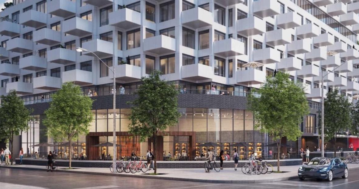 Exterior rendering of Ten West Condos streetscape during the day