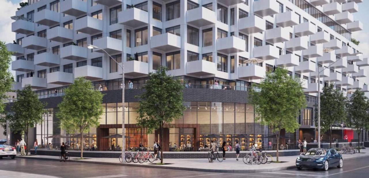 Exterior rendering of Ten West Condos streetscape during the day