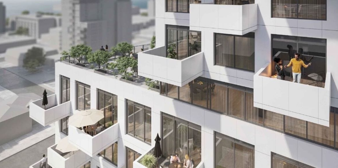 Exterior rendering of Ten West Condos aerial balconies during the day
