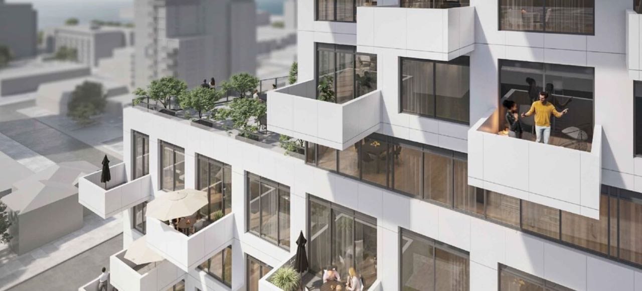 Exterior rendering of Ten West Condos aerial balconies during the day