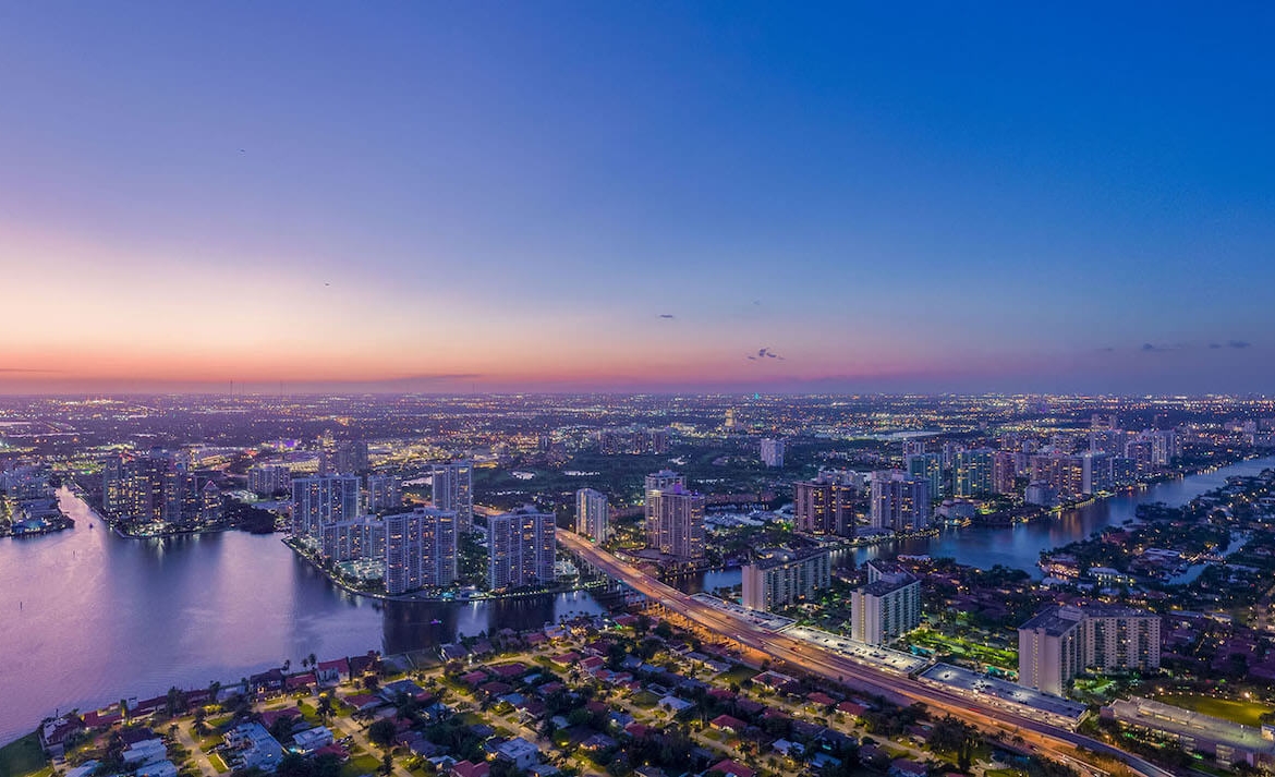 St. Regis Residences Sunny Isles Beach rooftop view of the north west twilight
