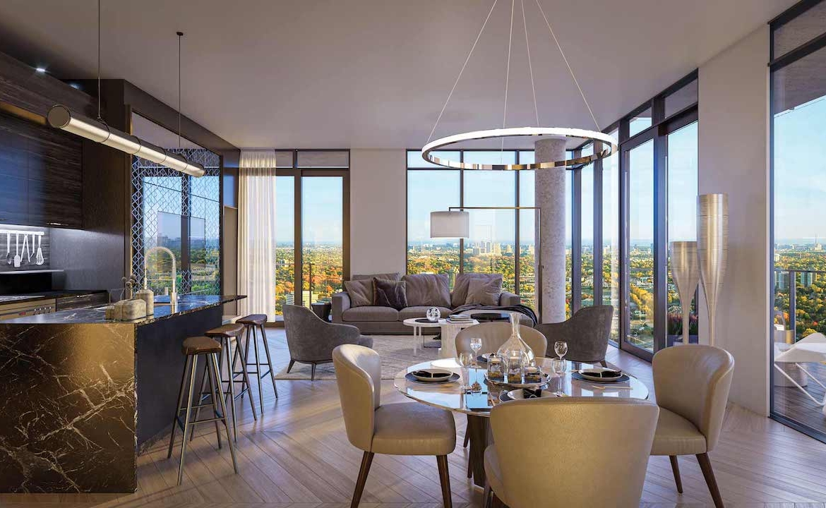 Rendering of The Residences at Central Park Condos suite interior living and dining space