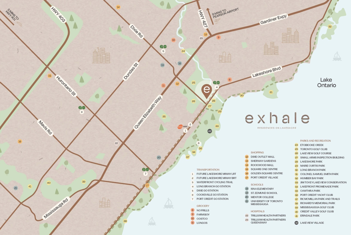 Exhale Residences on Lakeshore Mississauga amenity map