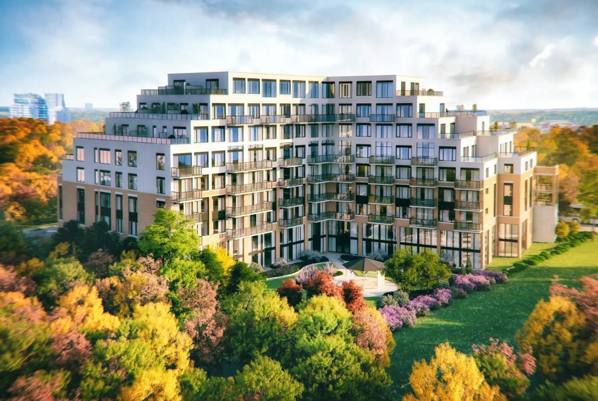 Aerial exterior rendering of Emerson House Boutique Residences in Mississauga